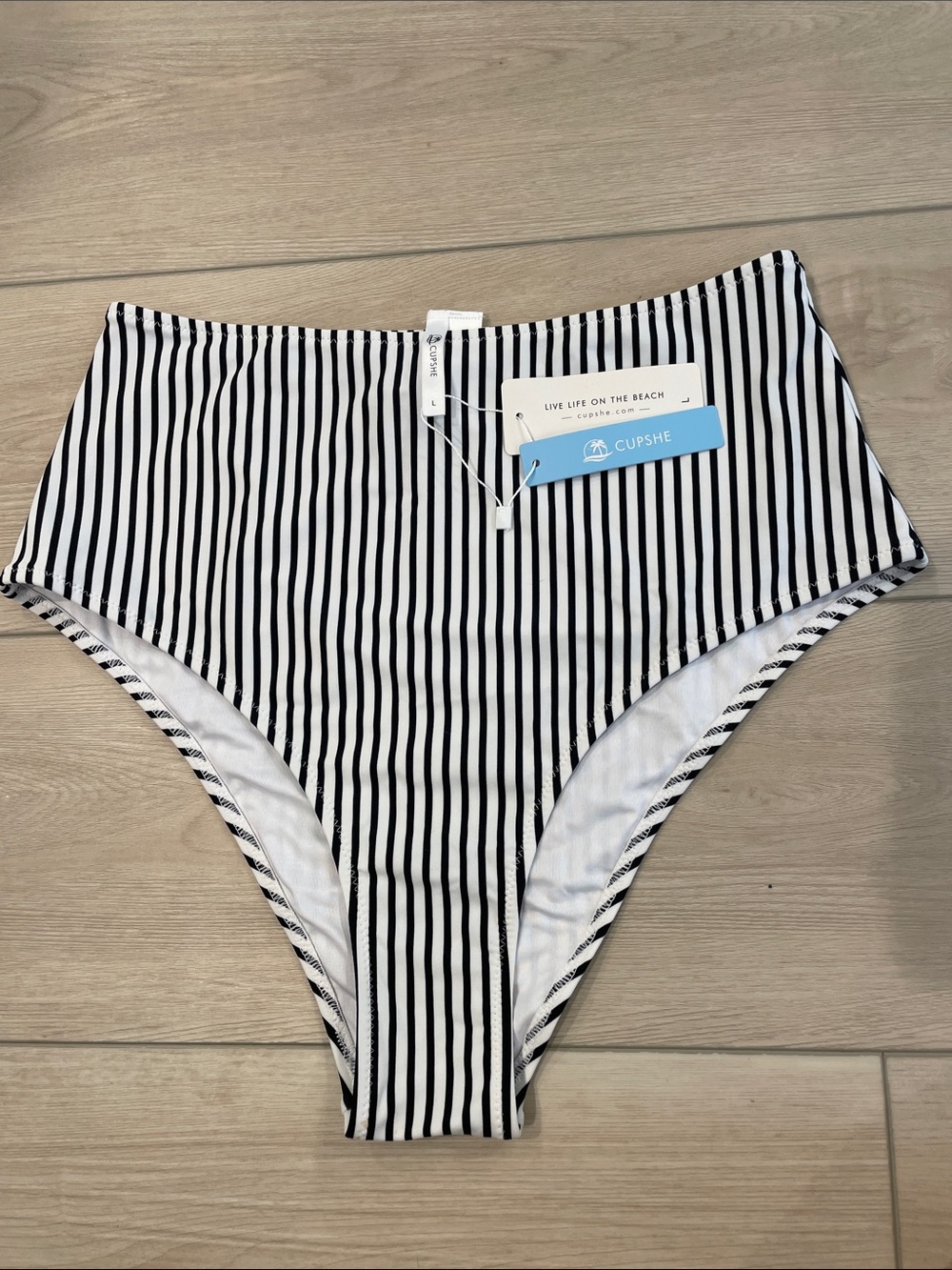 Cupshe Black & White Vertical Stripe High-Rise Bikini Bottom